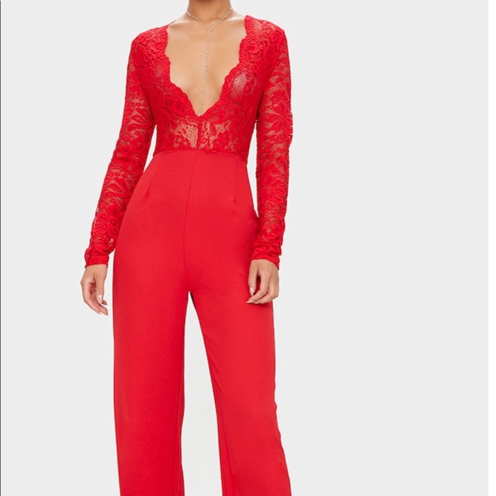 Red lace plunge Jumpsuit